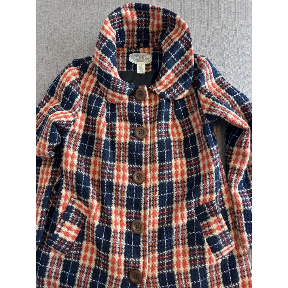 Nick & Mo Plaid Wool Blend Coat Navy Orange Peter Pan Collar Wood Button Large
